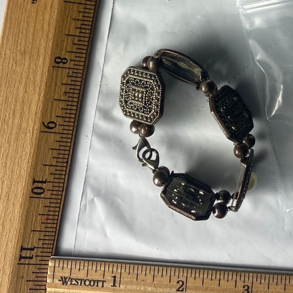 Womens Silver Tone Square Link Bracelet Rhinestone Inlaid Design